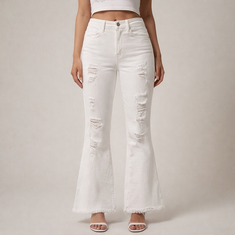 Etienne Marcel White Distressed Cropped Flare Jeans Raw Hem Size 30